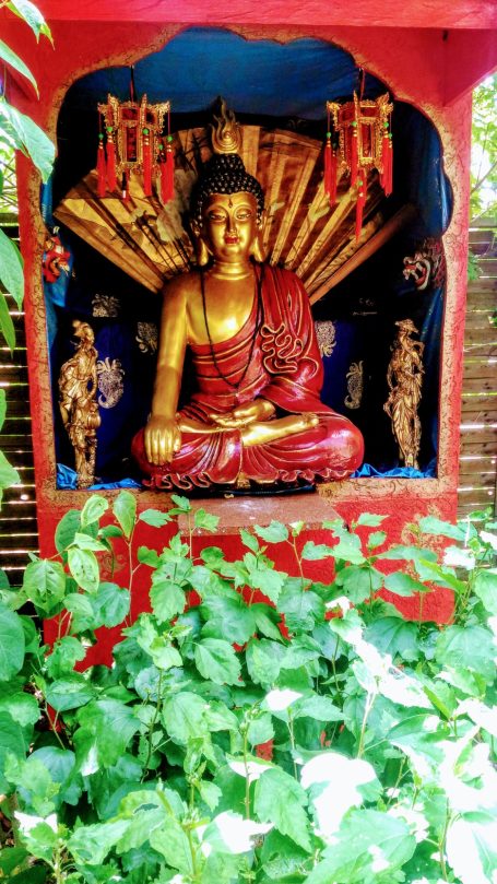Statue de Bouddha assis, entourée de verdure dans une alcôve colorée.